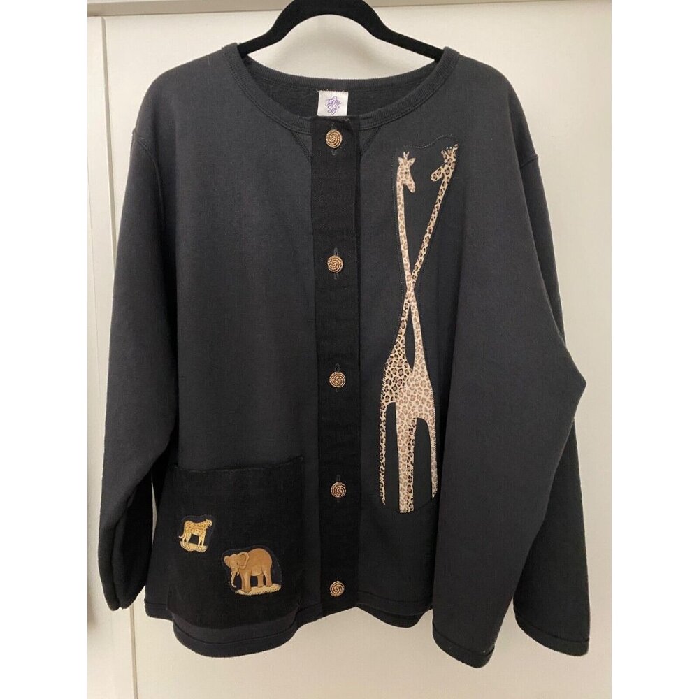 22/24W,Boutique Crafted Shirt Denim Trim Décor Buttons Giraffe elephant leopard